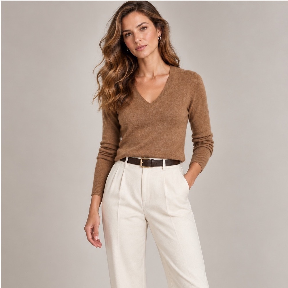 Tahari Camel Color 2 Ply Cashmere V-Neck Sweater, Small